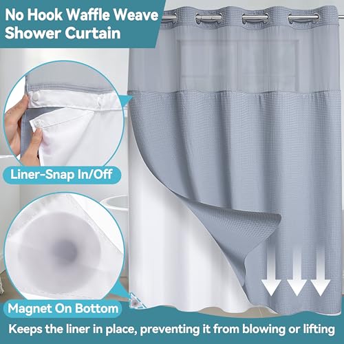 Conbo Mio No Hook Waffle Weave Shower Curtain with Snap in Liner Set, Hotel Luxury Grey Shower Curtains for Bathroom with See Through Top Window, Waterproof, Washable 71W x 74H - color: Waffle-grey, size: 71"W x 74"L (Pack of 1)