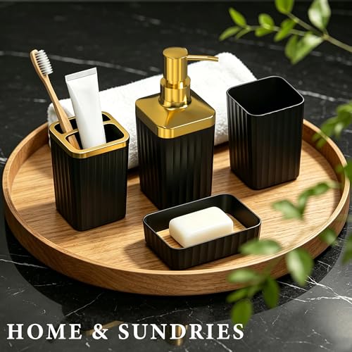Bathroom Accessory Set, 6-Pcs Golden Black | Trash Can, Soap Dispenser, Toothbrush Holder & Cup, Soap Dish, Toilet Brush - color: Golden Black
