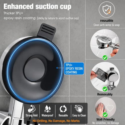 Hand held Shower Head Holder- Enhanced Suction Cup - 5 Angles Adjustable - Relocated Bathroom Wall Mount Shower Wand Holder (Chrome Finish)