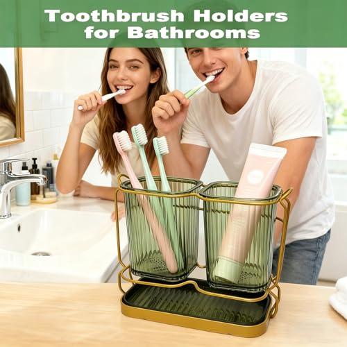 Green Toothbrush Holders for Bathrooms, 2 Cups Toothbrush Holders Wall Mounted, Bathroom Organizers and Storage, Bathroom Toothbrush Holder Set for Toothpaste Razors Toothbrush