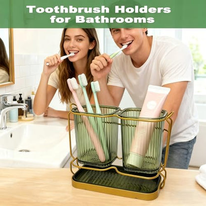 Green Toothbrush Holders for Bathrooms, 2 Cups Toothbrush Holders Wall Mounted, Bathroom Organizers and Storage, Bathroom Toothbrush Holder Set for Toothpaste Razors Toothbrush