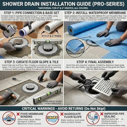 4-Inch Square Shower Drain Kit with Bonding Flange, Polished Gold | Removable 304 stainless steel grate with hair strainer; fits 2- and 3-inch pipes for tiled shower floors and wet areas - size: 4in-Gold
