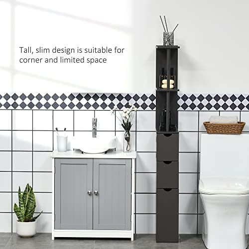 HOMCOM 54" Tall Bathroom Storage Cabinet, Freestanding, 2-Tier Shelf, Brown | Linen Tower, Drawers, Narrow Side Floor Organizer - color: Brown
