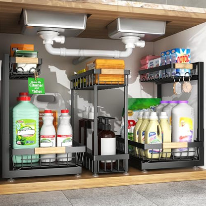 3-Pack 2-Tier Height Adjustable Under Sink Organizer, Black | Multi-purpose metal storage shelf with sliding shelves for kitchen, bathroom, pantry & laundry cabinet - color: Black