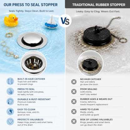 Bathtub Drain Stopper, Pop-Up Tub Stopper with Hair Catcher Filter Basket, Anti-Clogging Drain Plug, Universal 3-in-1 Replacement for 1.45"-1.8" Drains, Solid Copper
