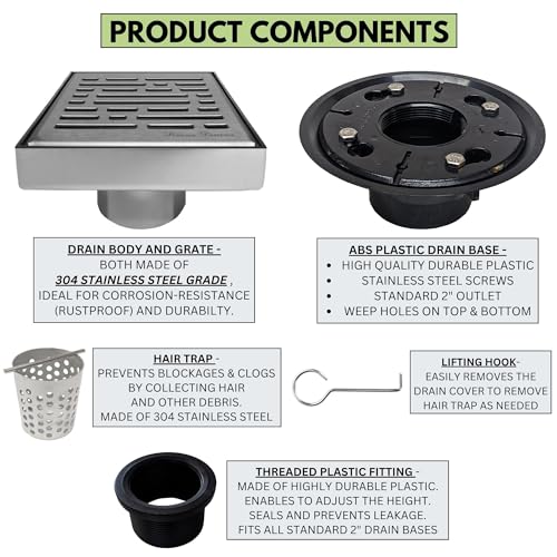 SereneDrains 304 Stainless Steel 4 Inch Brushed Nickel Square Shower Drain Kit with Base Broken Lane for Tile Floor Drain Grate Cover Hair Catcher Trap Strainer (Brushed Stainless Steel, ABS Plastic) - color: Brushed Stainless Steel