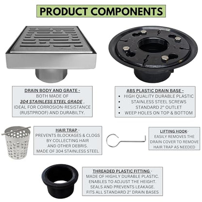 304 Stainless Steel 4 Inch Brushed Nickel Square Shower Drain Kit with Base Broken Lane for Tile Floor Drain Grate Cover Hair Catcher Trap Strainer (Brushed Stainless Steel, ABS Plastic) - color: Brushed Stainless Steel
