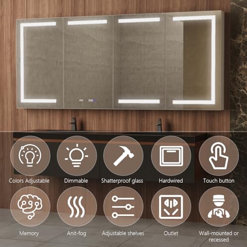 84" W Smart Lighted Medicine Cabinet with Mirror for Bathroom, Recessed/Surface Mount Medicine Cabinet with Anti-Fog, 1800W Charging Station, USB Ports, 3 Color Lights