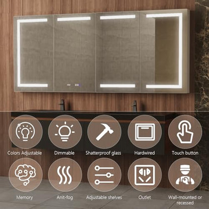 84" W Smart Lighted Medicine Cabinet with Mirror for Bathroom, Recessed/Surface Mount Medicine Cabinet with Anti-Fog, 1800W Charging Station, USB Ports, 3 Color Lights