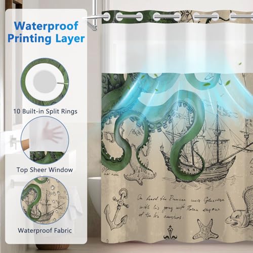 Nautical Theme Shower Curtains for Bathroom, No Hook Giant Octopus Shower Curtain with Mesh Top Window and Snap in Liner, 71x74 Inch Double-layer Waterproof Fabric Shower Curtain with Weighted Bottom - color: Octopus