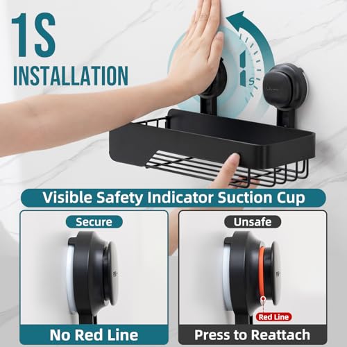 TAILI Shower Caddy Suction Cup Rustproof Metal Visible indicator Black | 2 Pack Rustproof,No Drilling Wall Mounted Basket, Upgraded Removable Suction Cup Bathroom Organizer Heavy Duty Shampoo - color: Visible indicator Black x2