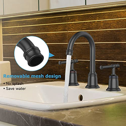 Classical Bathroom Faucets for Sink 3 Holes, 8 inch Bathroom Faucet, Widespread Matte Black Bathroom Faucet with Pop Up Drain and cUPC Lead-Free Hose (Matte Black) - color: Matte Black, size: 8 Inch