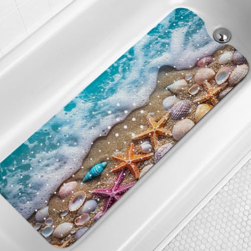 LNOND Summer Beach Bathtub Mat Non Slip, 40 X 16 Inch Tub Mat for Bathroom, Waves and Beach Bath Tub Shower Mat with Drain Holes and Suction Cups - color: Waves and Beach Bathtub Mat
