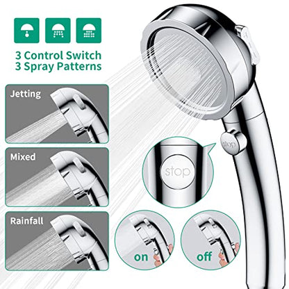 High Pressure Shower Head with Handheld, Chrome | On Off Shower for RV with Stop Button and 3 Modes, Detachable Water Saving Shower Head with Hose and Self-Adhesive Bracket - color: Chrome