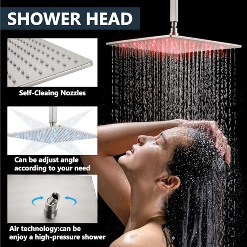 Aolemi Ceiling Shower Faucet Set with Handheld 16" LED Head Brushed Nickel | Handheld Spray,16 Inch Rain LED Head,Shower Valve and Trim Kit,All Metal,Ceiling System,Bathroom Mixer - color: Nickel, size: 16 Inch LED Shower Head