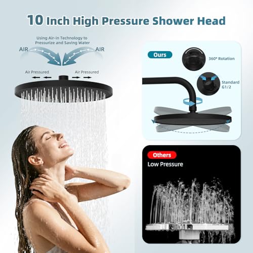 Hibbent 10'' Rain Shower Head Combo with 3 Handheld Sprays, Matte Black | cUPC Certified Self-cleaning High Pressure Shower Head, All Metal Extension Arm, Easy Reach 4-way Diverter, 71" Hose & Holder - color: Matte Black