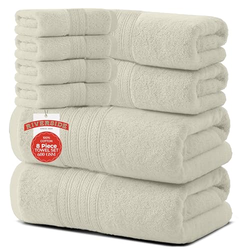 RIVERSIDE Pack of 8 Towels Set, 2 Large Bath, 2 Hand, 4 Face Washcloths, 100% Cotton Hotel Quality, Super Soft, Quick Dry, Highly Absorbent Perfect for Bathroom, Cannoli Cream - color: Cannoli Cream, size: Towel Set (PK 8)