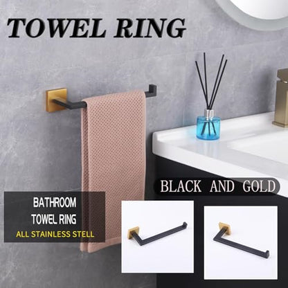GERZWY Modern Towel Holder Contemporary Style Stainless Steel Towel Hanger Towel Ring for Bathroom Wall Mount (Black & Gold) IG1806-BD - color: Black & Gold