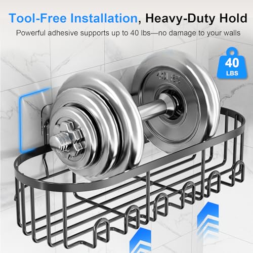 GearFusion Shower Caddy Adhesive Bathroom shelves,5 Pack Rustproof Stainless Steel Bathroom Storage, Space-Saving Shower Organizer with Soap Toothbrush Holder & 18 Hooks,No Drill Rack for Home Decor