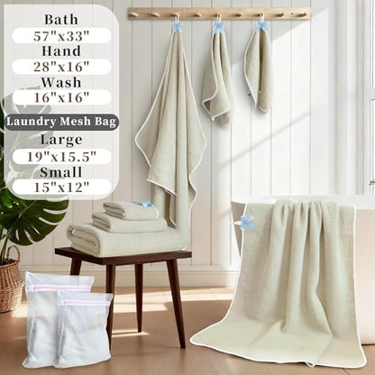 VOOVA & MOVAS Waffle Bathroom Towels 2 Pack, 100% Cotton, 57x33 in, Beige | Suitable for Bathroom & Shower Use, Built-in Hanging Loop, White Piping, Waffle Weave Construction - color: White Piping, size: 2PC Bath Towels (33"x57")