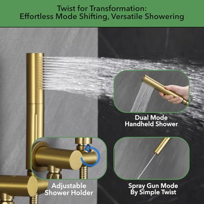 VANFOXLE Thermostatic Shower Faucet Set Brushed Gold Shower System | Push Button Diverter, 12 Inch Ceiling Mount Rain Head Increased Thick, 6 Inch Side Head, 2-in-1 Handheld Sprayer, Modern - color: Brushed Gold, style: 12 Inch