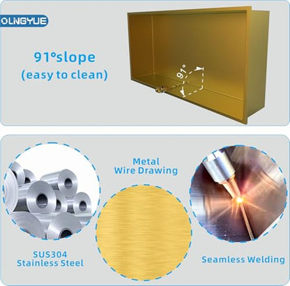 Brushed Gold Shower Niche: No Tile Needed Stainless Steel - 24"x12" Recessed Wall Niches Shelf for Bathroom Kitchen Toilet Storage - color: Brushed Gold