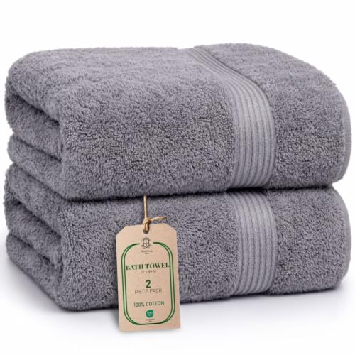 Luxe 2-Piece Bath Towel Set – Large Soft Cotton Towels, Absorbent, Durable & Skin-Friendly, Machine Washable, 27 x 54 in, Stone Grey - color: Stone Grey