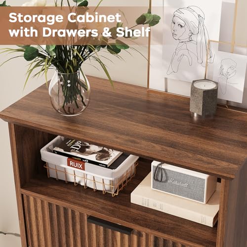 Fluted Buffet Cabinet with Storage, Modern Coffee Bar Cabinet | With Drawer & Adjustable Shelf, Wood Sideboard Cabinet for Kitchen, Bathroom, Entryway and Living Room Walnut - color: Walnut