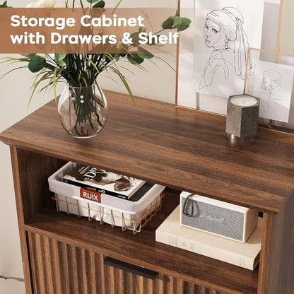 Fluted Buffet Cabinet with Storage, Modern Coffee Bar Cabinet | With Drawer & Adjustable Shelf, Wood Sideboard Cabinet for Kitchen, Bathroom, Entryway and Living Room Walnut - color: Walnut