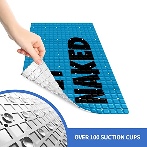FCZ Bath Tub Mat Non Slip Shower Mat Get Naked Blue Extra Long 26.8x15 inches Rectangular PVC Mat with Suction Cups Drain Holes Machine Washable - color: Get Naked Blue