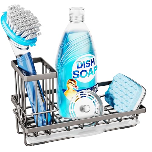 Consumest Sponge Holder for Kitchen Sink, Sink Caddy Organizer with Removable Drip Tray, Countertop Dish Soap Holder and Brush Holder, 304 Stainless Steel - Sand Nickel - color: Sand Nickel