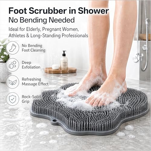 Shower Foot Scrubber Mat, Wall-Mounted, 11.8 x 11 in, 1 Pack | Foot Scrubber in Shower for Deep Cleaning & Exfoliation. Suction cups support floor foot care and wall back scrubbing. - color: Blue