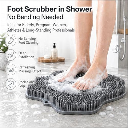 Shower Foot Scrubber Mat, Wall-Mounted, 11.8 x 11 in, 1 Pack | Foot Scrubber in Shower for Deep Cleaning & Exfoliation. Suction cups support floor foot care and wall back scrubbing. - color: Grey