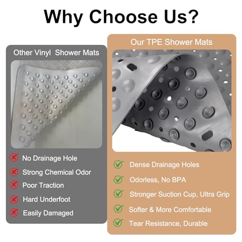 Square Shower Mat Non Slip, 27 x 27 Inch Quick Drain TPE Anti Slip Shower Mats for Inside Shower, Soft Shower Floor Mat with Suction Cups, Quick Drying, Machine Washable - color: Grey