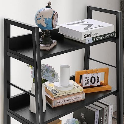 BATHWA 5 Tier Book Shelf, Black Industrial Open Wood and Metal Ladder Bookshelf, 59''H 24''W Wooden Ladder Shelf for Small Places, Living Room, Bedroom - color: Black, size: 1pack-59"H x 23.6"L x 13.8"D