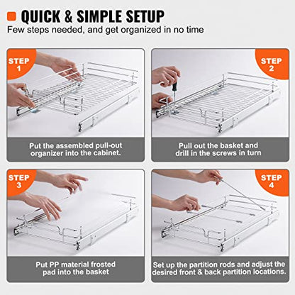 VEVOR 12.5"Wx16.5"Dx3.5"H Pull Out Cabinet Organizer, Heavy Duty Slide Out Pantry Shelves, Chrome-Plated Steel Roll Out Drawers Storage, for Home, Under Sink, 14"Wx17.5"Dx7"H Install Size for Cabinet - size: 12.5"Wx16.5"D