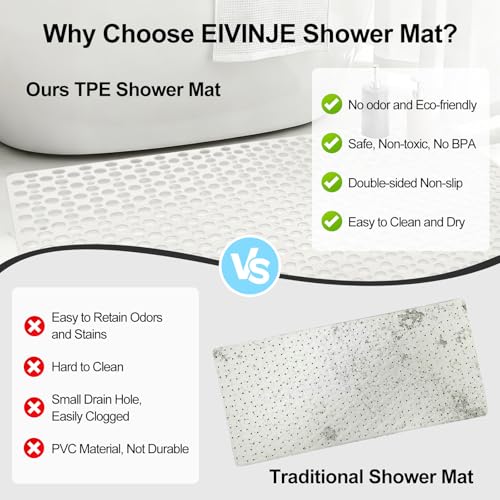 Non Slip Shower Mat with Suction Cups, 31.5x47.2 Inch Quick Drain TPE Anti Slip Shower Mats for Inside Shower, Large Shower Stall Mat Soft on Feet, Easy to Dry&Cut Machine Washable - color: White, size: 31.5" x 47.2" (Rectangular)