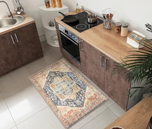 Keen Home Design Vintage Washable Entryway Rug, Non-Slip Low Pile, 2x3 | Machine washable cotton chenille, 0.25in low pile, rubber non-slip back; kitchen, entryway, bathroom, bedside - color: Blue / Brown, size: 2' x 3' (Rectangular)