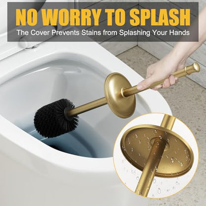 Toilet Brush and Holder, Toilet Cleaner Bowl Set with Two Brush with Extra Long Handle, Durable Bristles Toilet Scrubber and Covered Holder, Drip-Proof Stainless Steel Brushed Gold - color: Brushed Gold