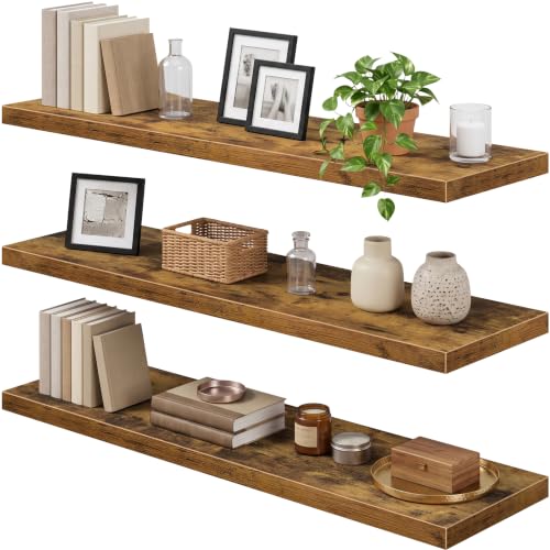 QEEIG 12" Deep Floating Shelves for Wall - 12 x 48 inch Book Shelf Bathroom Bedroom Kitchen Living Room Hanging Bookshelf Farmhouse Set of 3, Brown (026-120BN3) - color: A. Brown, size: 47.2" x 12"