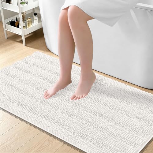 OLANLY Thick Large Bathroom Rugs 45x27, Soft Chenille Bath Rugs, Ivory | Absorbent Striped, Rubber Backing, Machine Wash Dry, Bath Mats for Bathroom Floor, Tub and Shower, Home Decor Accessories - color: Ivory, size: 45" X 27"