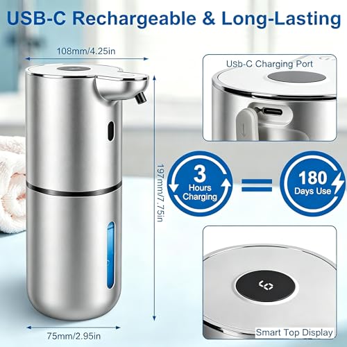 Automatic Soap Dispenser, Hand Soap Dispenser 12.8oz/380ml Smart Rechargeable, Liquid Soap Dispensers with 6-Level Touchless, Wall Mounted or Countertop Dish Soap Dispensing for Bathroom & Kitchen - color: Silver