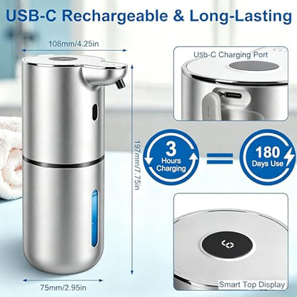 Automatic Soap Dispenser, Hand Soap Dispenser 12.8oz/380ml Smart Rechargeable, Liquid Soap Dispensers with 6-Level Touchless, Wall Mounted or Countertop Dish Soap Dispensing for Bathroom & Kitchen - color: Silver