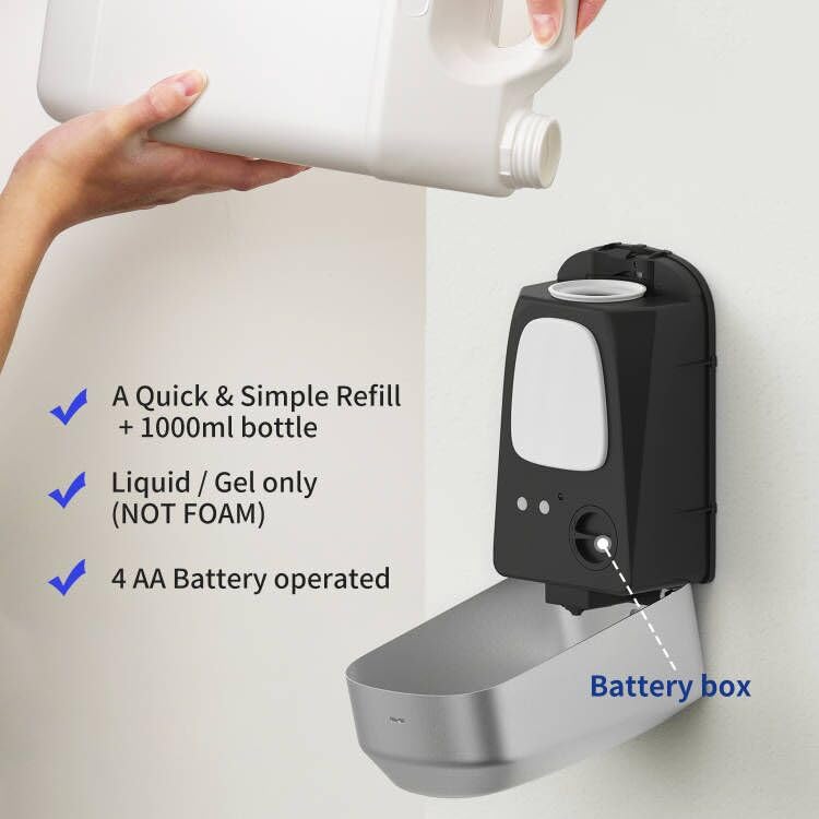 JETWELL Automatic Touch-Less Wall Mount Hand Soap Dispenser Liquid Drop Battery Operated, Brushed Stainless Steel Cover Large Capacity 34OZ/1000ML for Kitchen Home Commercial Bathroom | Brushed Cover, Large Capacity, Battery Powered, Liquid Soap, Commerci