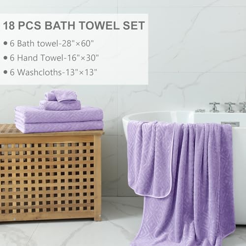 Smuge 18-Piece Bath Towel Set, Include 6 Bath Towel Sheets, 6 Hand Towels and 6 Washcloths - Highly Absorbent Quick Dry 100% Microfiber,Ultra Soft Bathroom Towel Set (Light Purple) - color: Light Purple, size: 18 Pcs Bath Towel Set