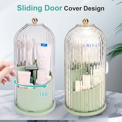 QIYVLOS Toothbrush Holders with Sliding Lid, Rotating 3 Slots Bathroom Organizer Countertop, Tooth Brush Toothpaste Holder Bathroom Counter Stand Sink Organizer Caddy for Makeup Brushes Holder (Green) - color: Green+Transparent