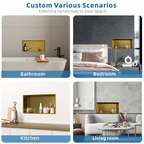 Brushed Gold Shower Niche: No Tile Needed Stainless Steel - 24"x12" Recessed Wall Niches Shelf for Bathroom Kitchen Toilet Storage - color: Brushed Gold