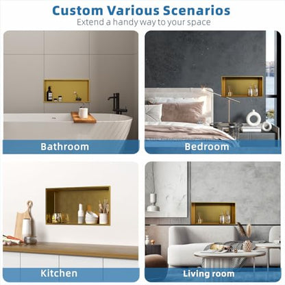 Brushed Gold Shower Niche: No Tile Needed Stainless Steel - 24"x12" Recessed Wall Niches Shelf for Bathroom Kitchen Toilet Storage - color: Brushed Gold