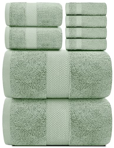 White Classic 8-Piece Light Green Towel Set [2 Bath Towels, 2 Hand Towels, 4 Washcloths] and 2 Luxury Bath Mats 22 x 34 | Cotton, Highly Absorbent and Quick Dry for Hotels, Spa and Bathroom