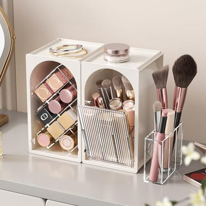 INVSSENE Stackable Makeup Organizer Countertop, Storage Perfume Skincare Cosmetic Lipstick Face Mask Makeup Brush Palettes, Ideal for Vanity Bathroom Counter - color: 3513 White+Clear